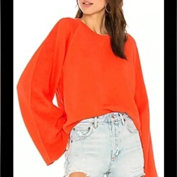[S]7 For All  Mankind Crewneck Flare-Sleeve Crop French Terry Sweatshirt- NWOT - Picture 1 of 12